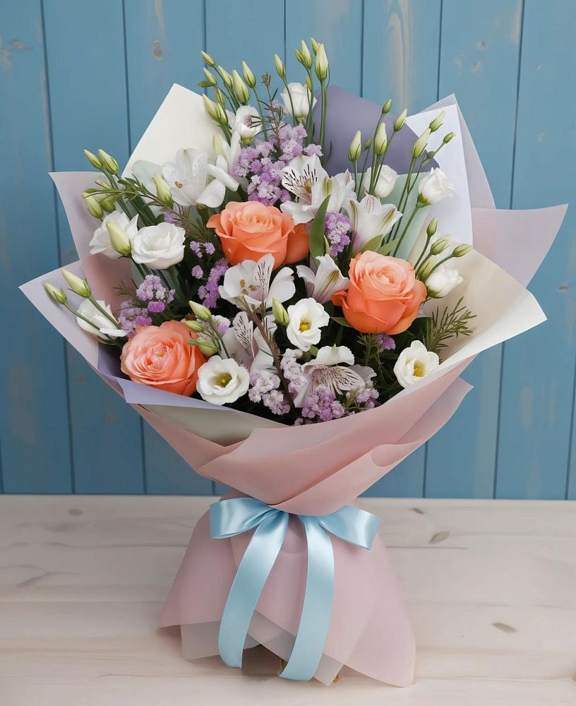 Букет цветов из: Лизиантусы, Розы, Альстромерии и Гипсофила в Самусе