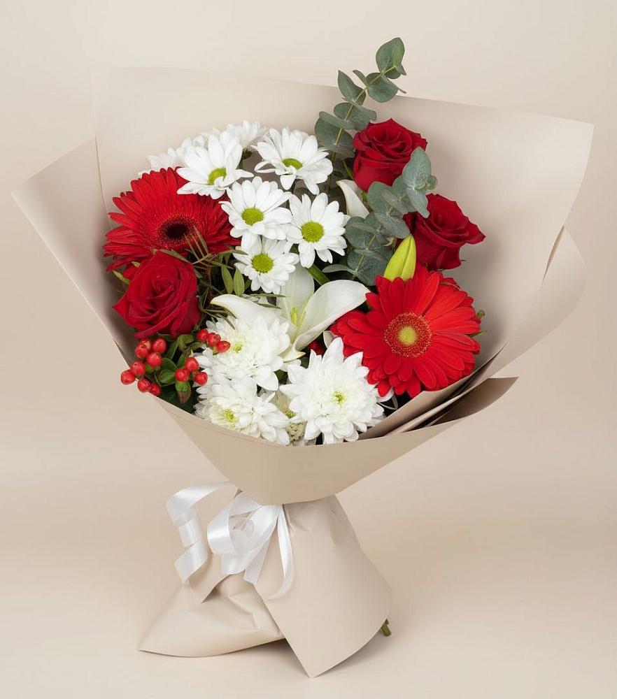 Букет цветов из: Розы, Хризантемы, Герберы и Лилии в Самусе